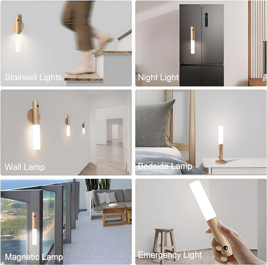 LED Wood Night Light PIR Motion Sensor Magnetic Wall Lamp USB Rechargeable Lights Home Staircase Bedroom Lamp Bedside Lighting  1Pc