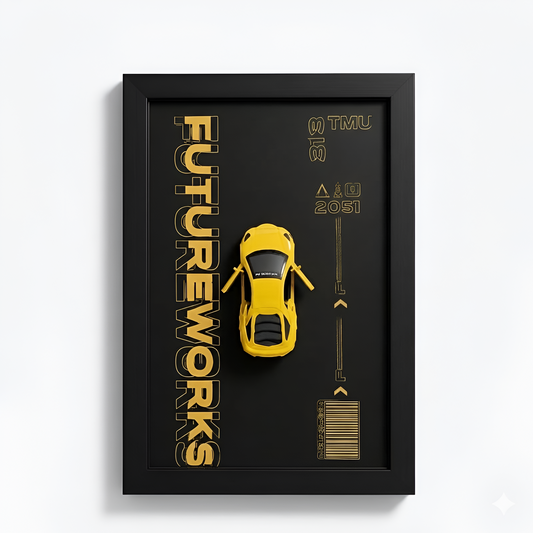 Metal Car Wall Frame – 3D Yellow Sports Car Decorative Wall Art, Modern Black Frame, Stylish Home & Office Wall Decor (8 x 12 Inches)