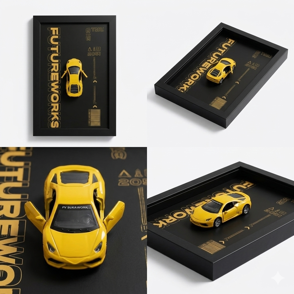 Metal Car Wall Frame – 3D Yellow Sports Car Decorative Wall Art, Modern Black Frame, Stylish Home & Office Wall Decor (8 x 12 Inches)